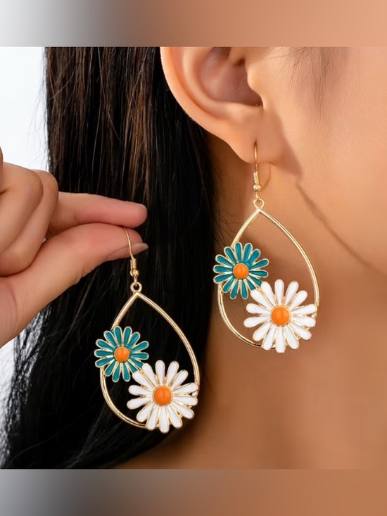 None Jewelry - GOLD Teardrop Daisy Earrings with White & Teal Flowers